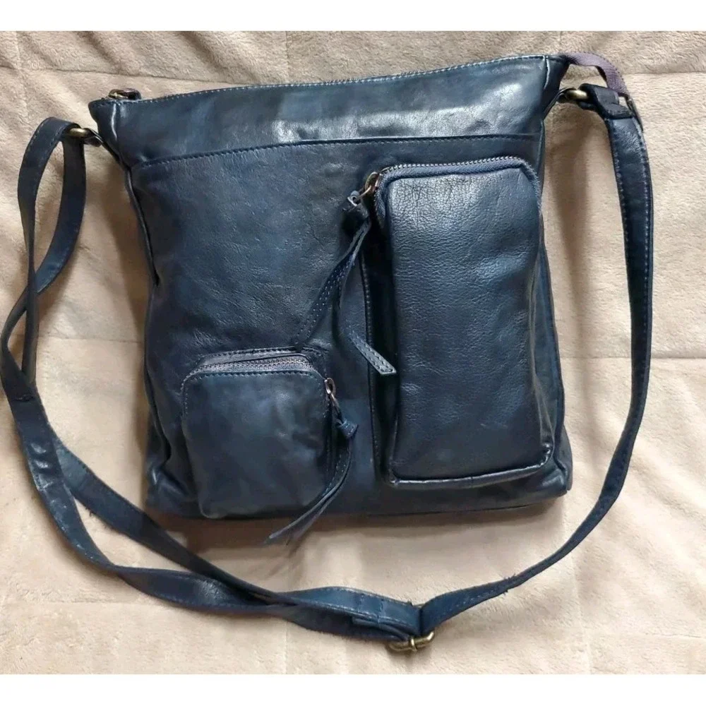 Estalon Purse Dark Blue Leather‎ Top Zip Crossbody Outside Pockets Boho Artsy